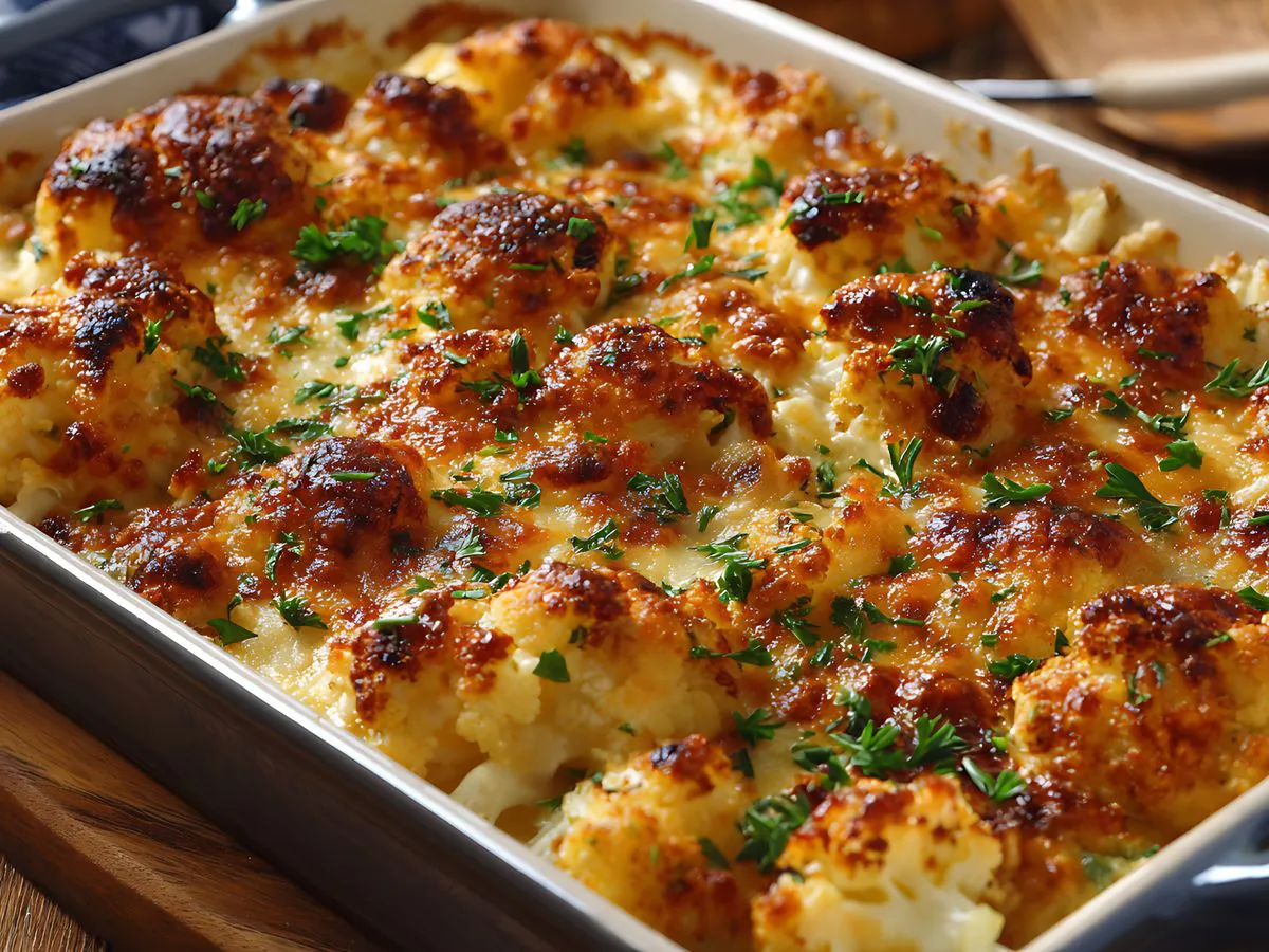 Baked cheesy cauliflower gratin in a white dish, garnished with fresh herbs