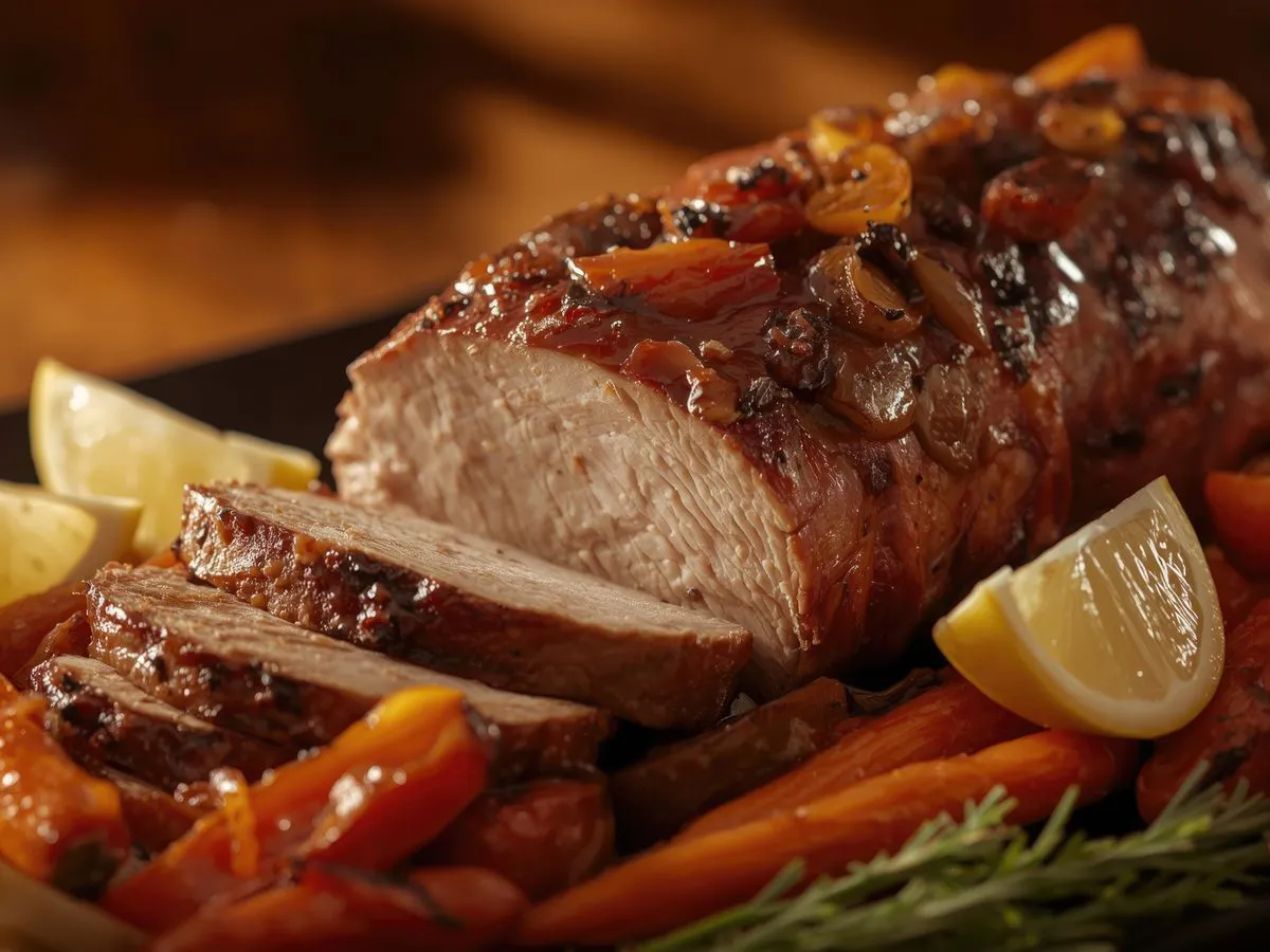 Glazed roast meat slices with carrots, lemon wedges, and garlic on a dark plate